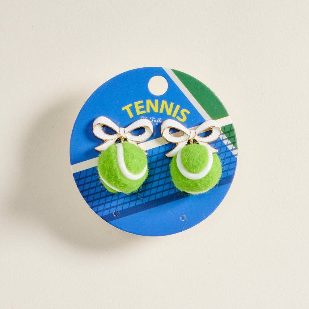 1.25 Inch Enamel Ribbon Bow 3D Tennis Ball Post Earrings: White/Green / ONE