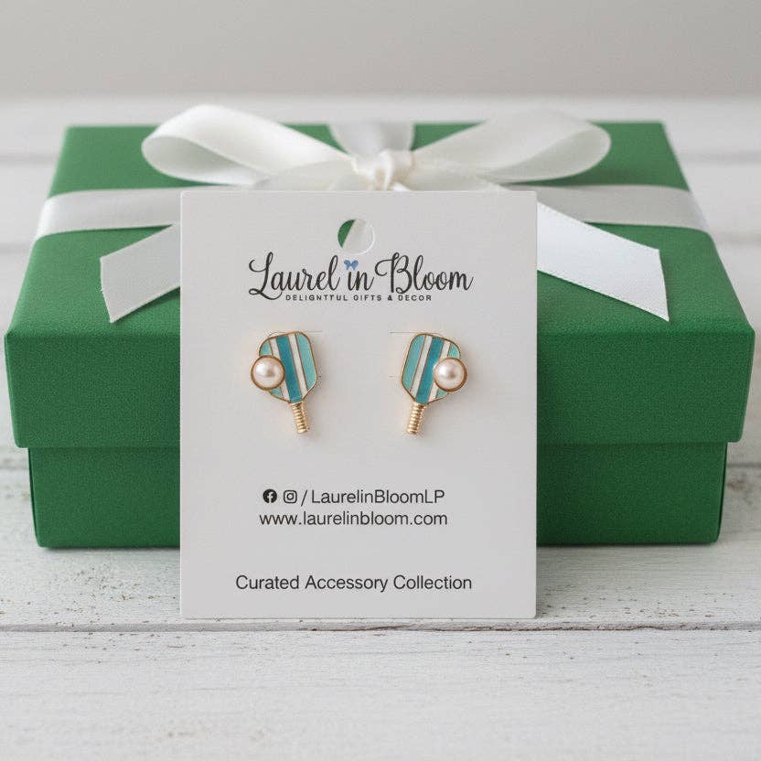 Pickleball Paddles & Pearls Earrings: Navy & Green Stripe