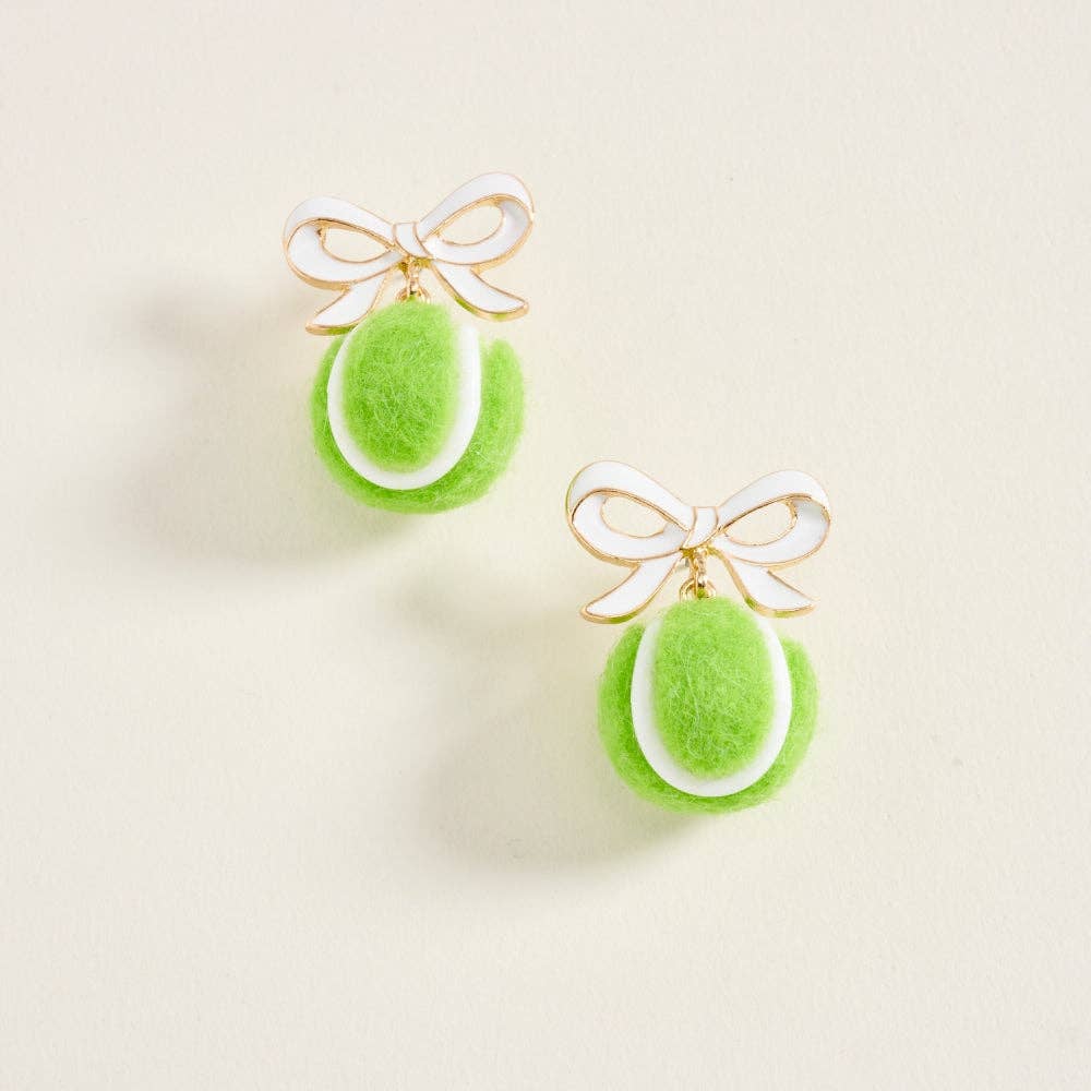 1.25 Inch Enamel Ribbon Bow 3D Tennis Ball Post Earrings: White/Green / ONE