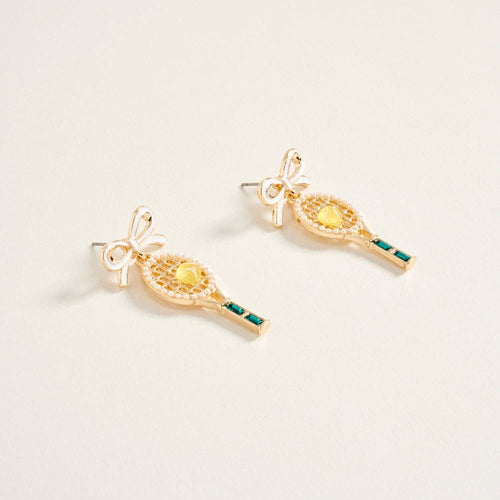 1.75 Inch Enamel Ribbon Bow Tennis Racket Ball Earrings: White/Green / ONE