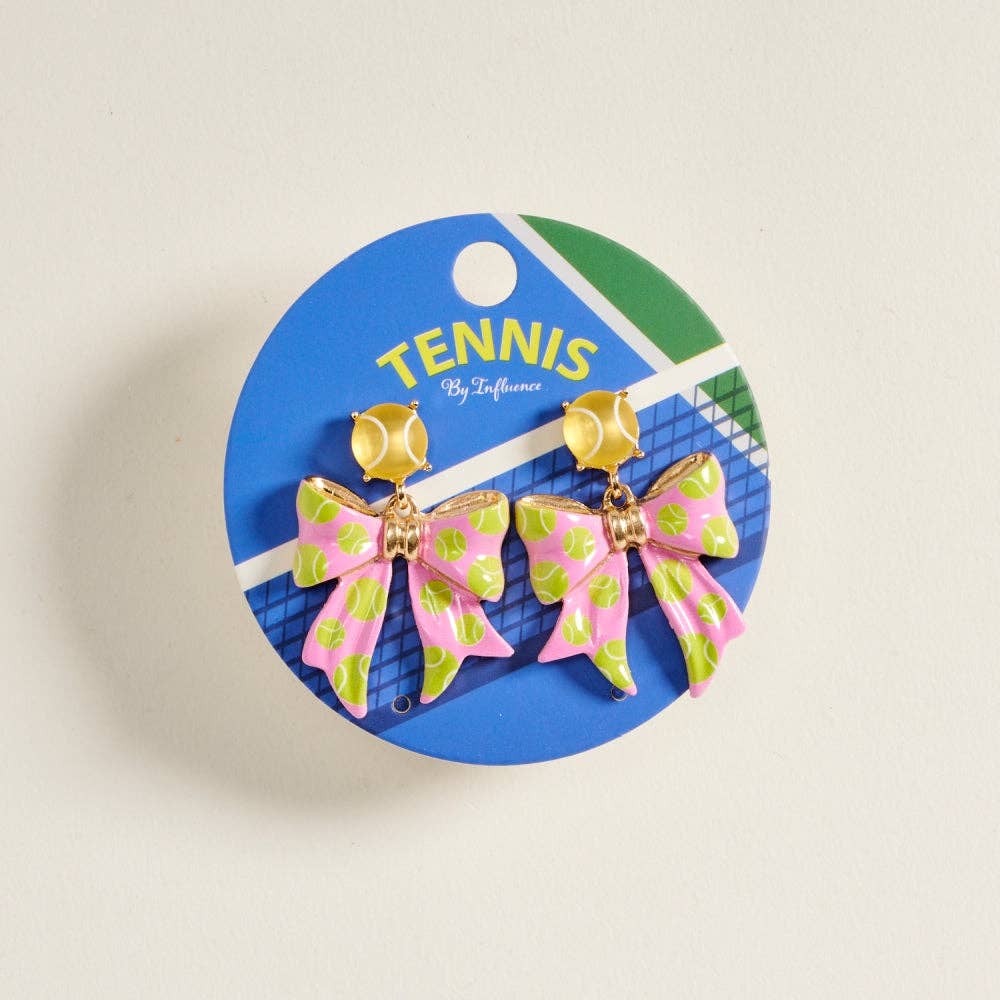 1.5 Inch Tennis Ball Enamel Ribbon Bow Earrings: Pink / ONE