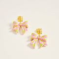1.5 Inch Tennis Ball Enamel Ribbon Bow Earrings: Pink / ONE