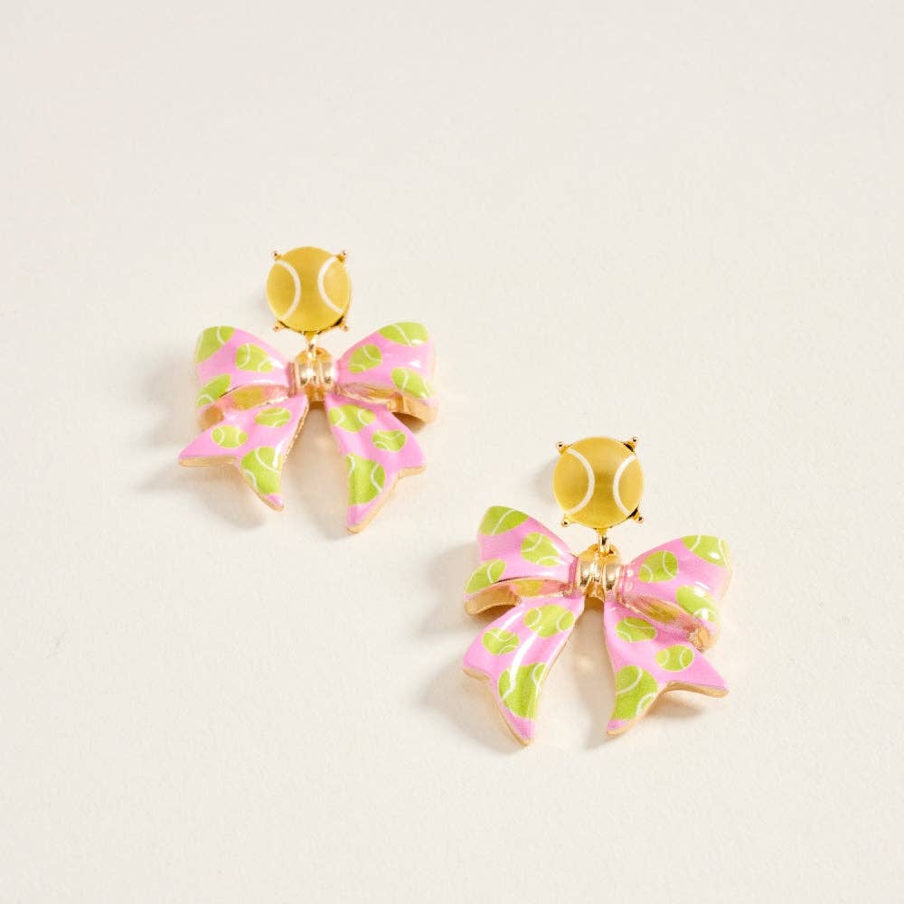 1.5 Inch Tennis Ball Enamel Ribbon Bow Earrings: Pink / ONE