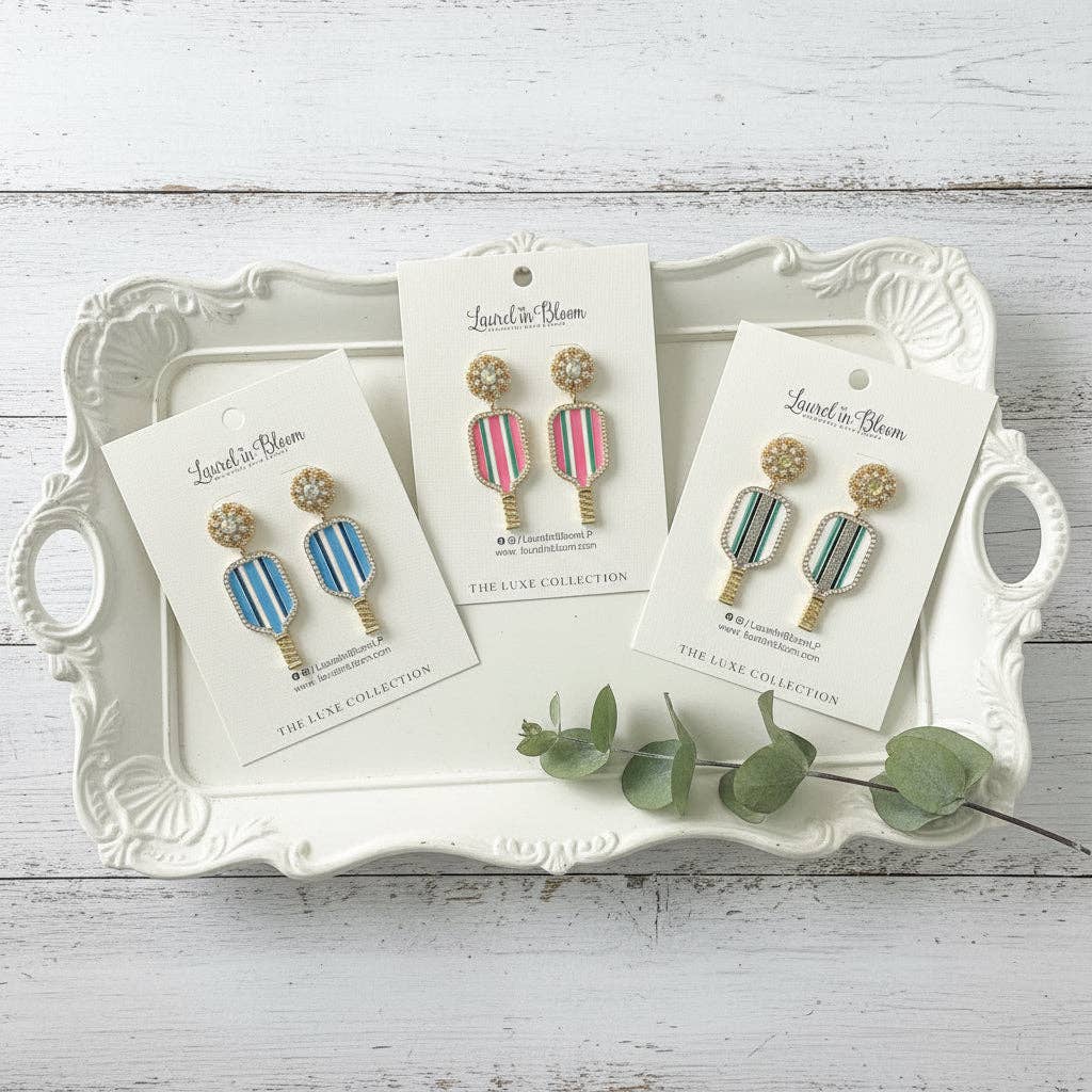 Pickleball Pizzazz Earrings: Pink, Green & White Stripe