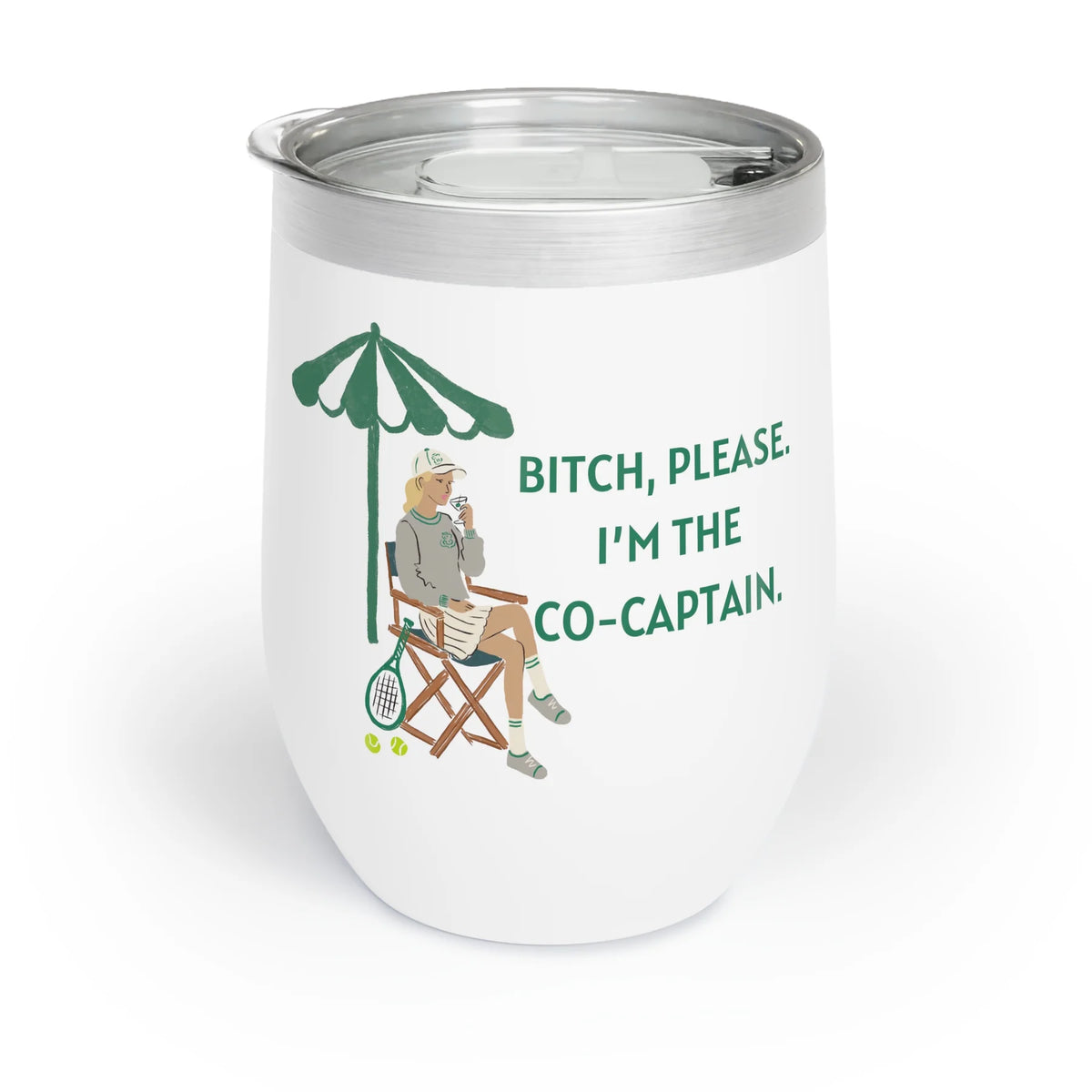 White Co-Captain tennis wine tumbler with green illustrated tennis design