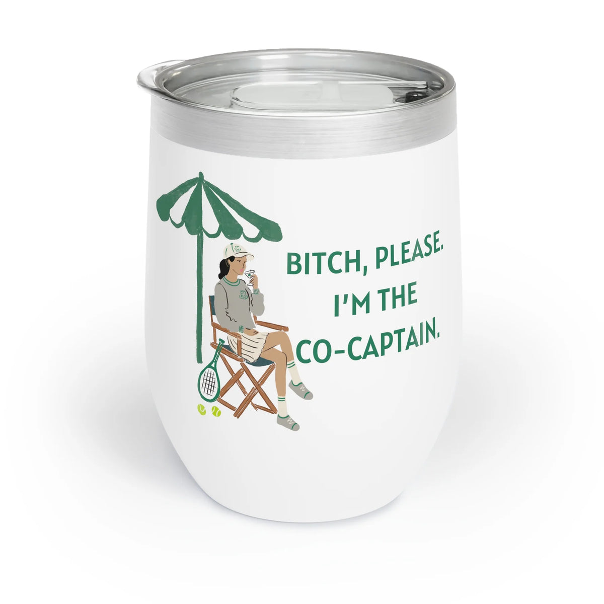 White Co-Captain tennis wine tumbler with dark-haired illustrated tennis player
