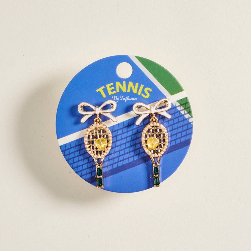 1.75 Inch Enamel Ribbon Bow Tennis Racket Ball Earrings: White/Green / ONE