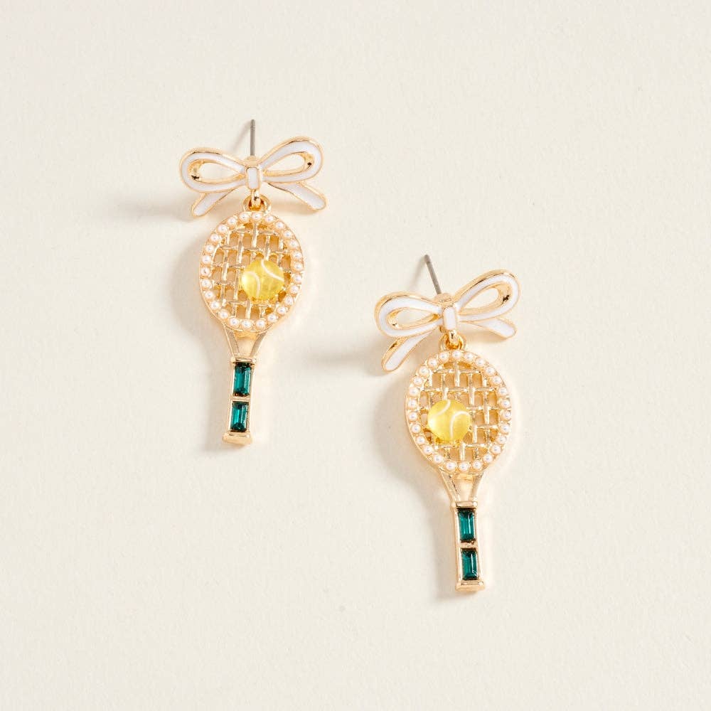1.75 Inch Enamel Ribbon Bow Tennis Racket Ball Earrings: White/Green / ONE