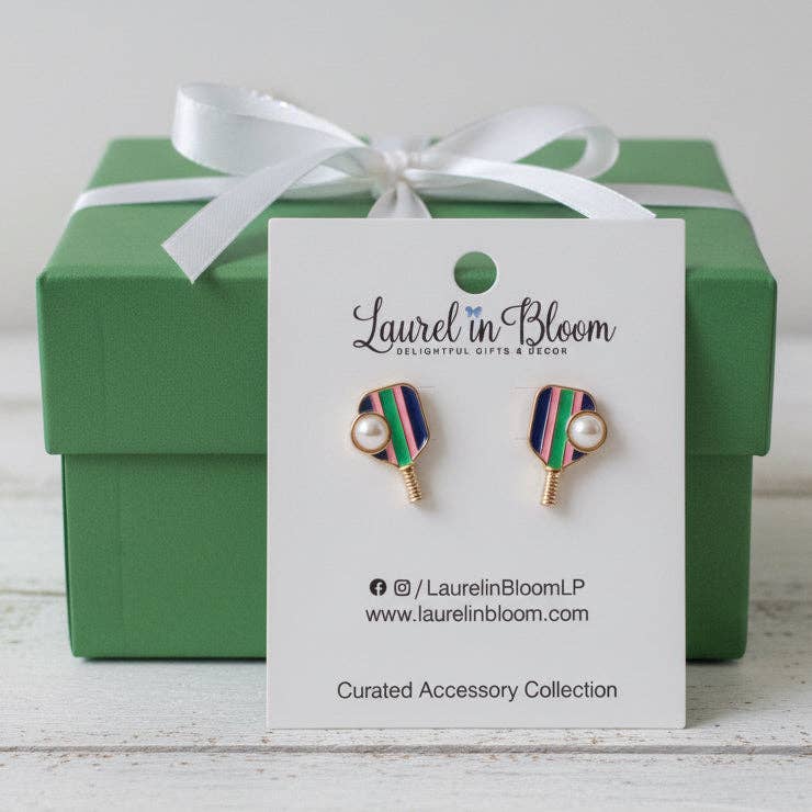 Pickleball Paddles & Pearls Earrings: Navy & Green Stripe