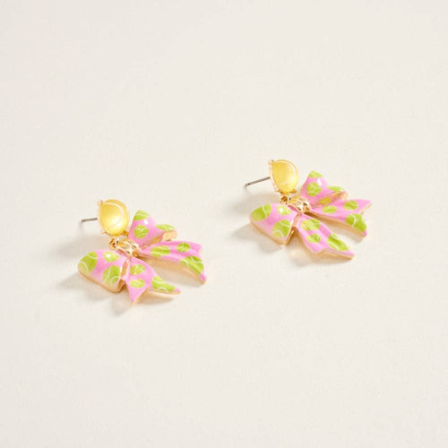 1.5 Inch Tennis Ball Enamel Ribbon Bow Earrings: Pink / ONE