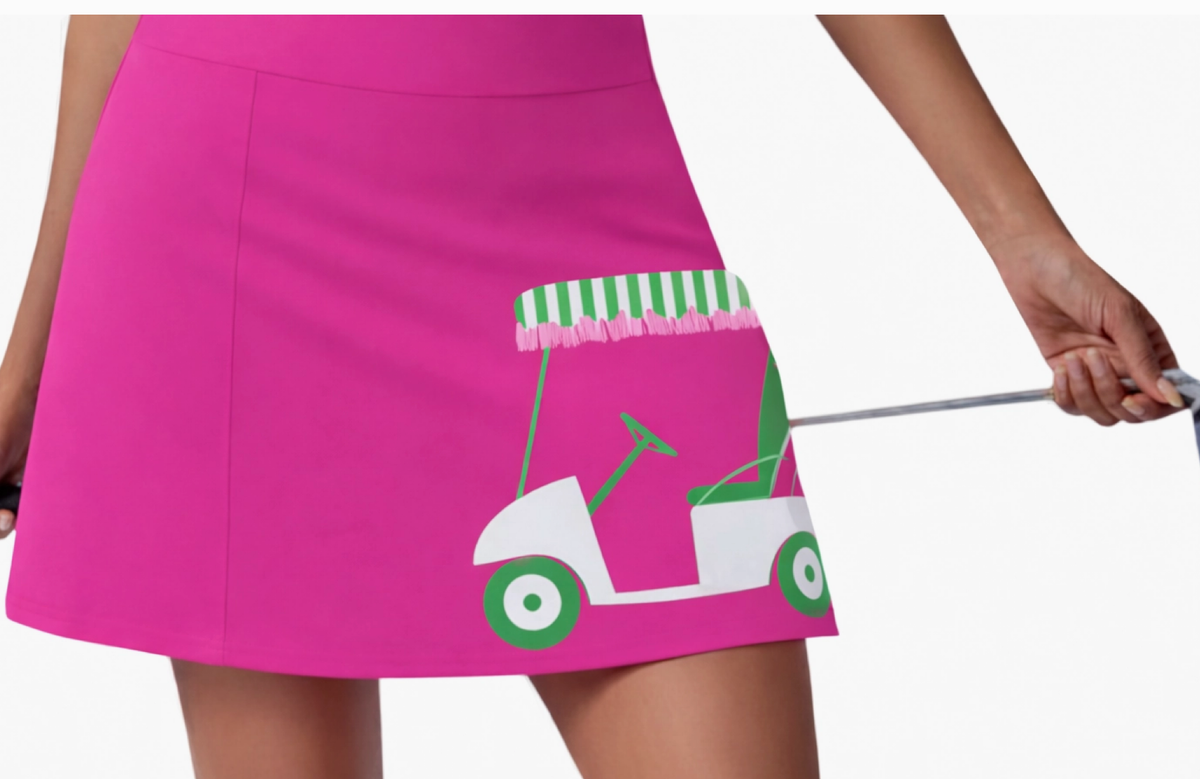 Women's Pink Golf Skort with UPF 50+ | Golf Cart Print Skirt  | Runway Athletics: L