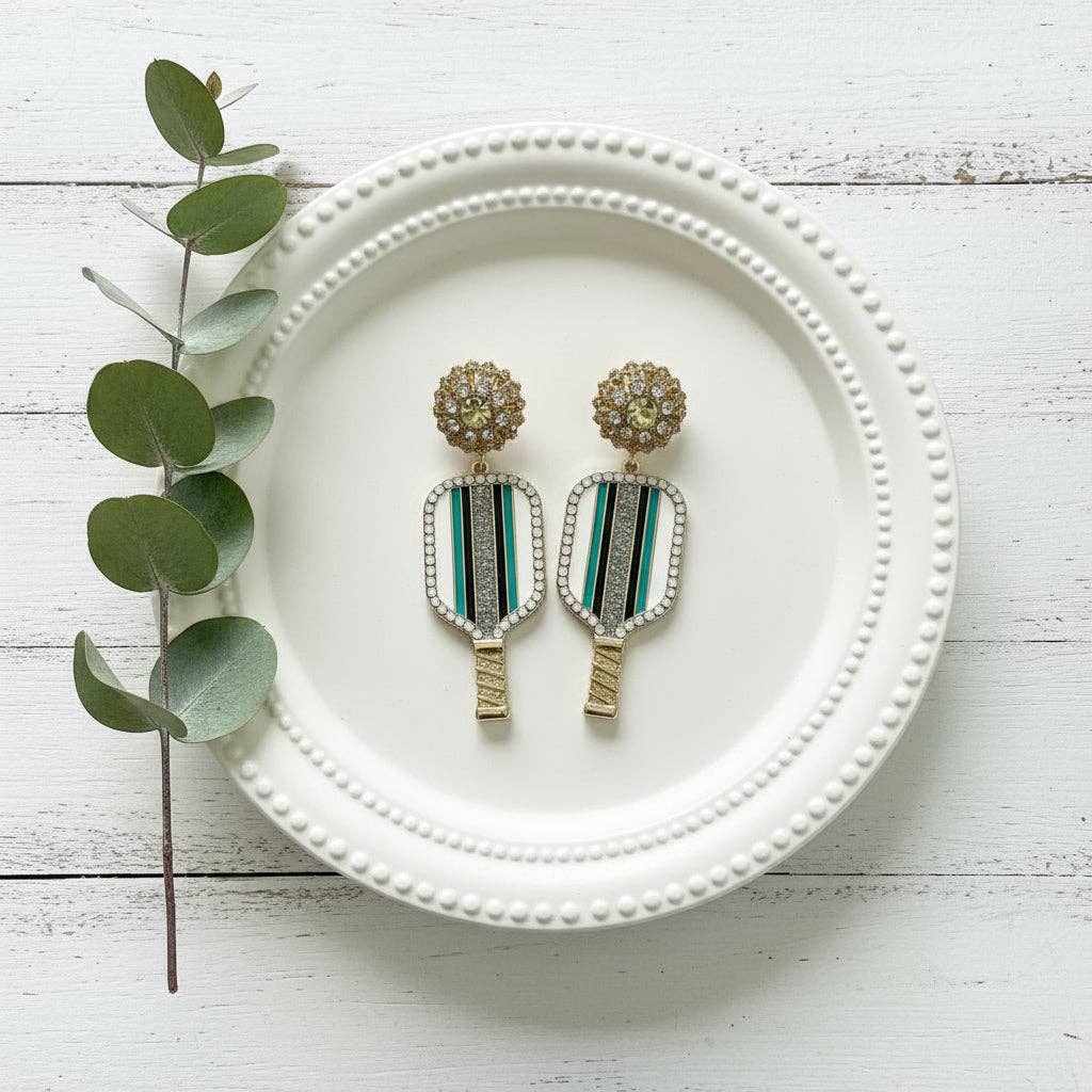 Pickleball Pizzazz Earrings: Pink, Green & White Stripe